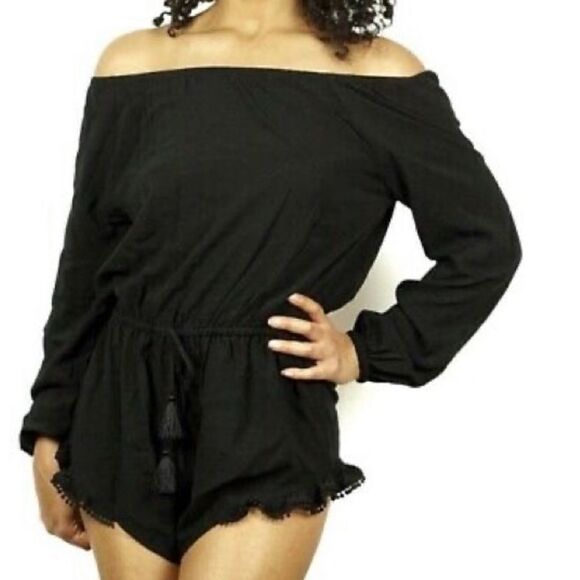 Victoria’s Secret Black Off Shoulder Tassel Sleep Romper Large - Picture 2 of 11